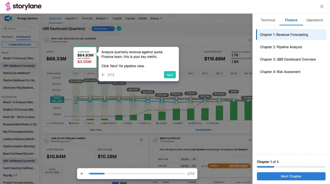 Storylane interactive demo interface showing multi-chapter product walkthrough for buying committee evaluation