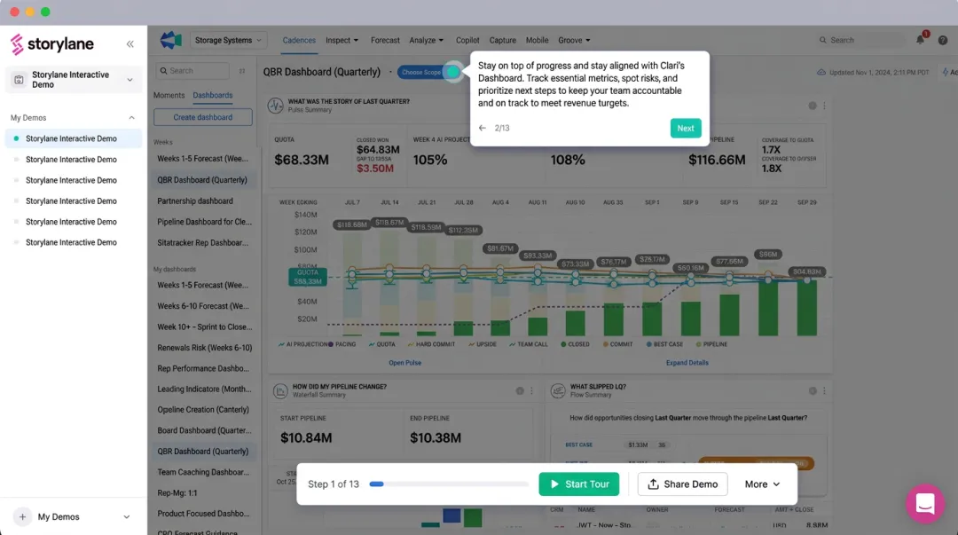 Storylane interactive demo platform showing clickable product walkthrough with AI voiceover