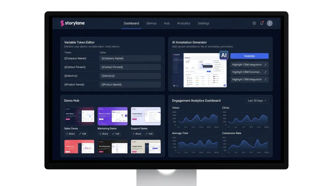 Storylane interactive demo platform interface showing personalization tokens and AI features
