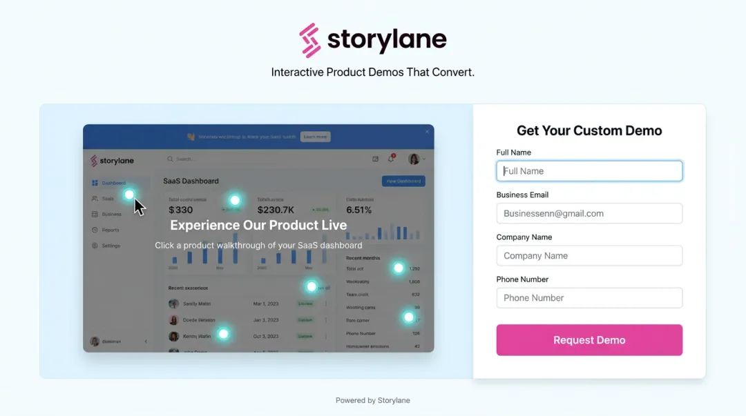 Storylane interactive product demo embedded on SaaS demo request page