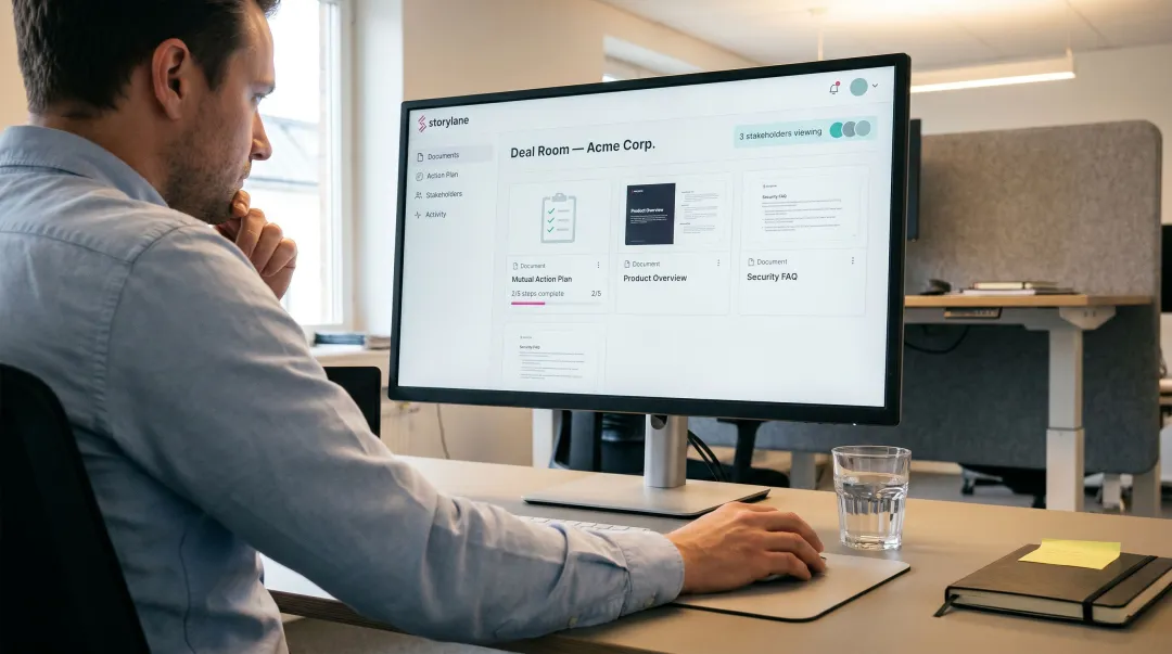 Sales rep sharing deal room link with multiple enterprise stakeholders on screen