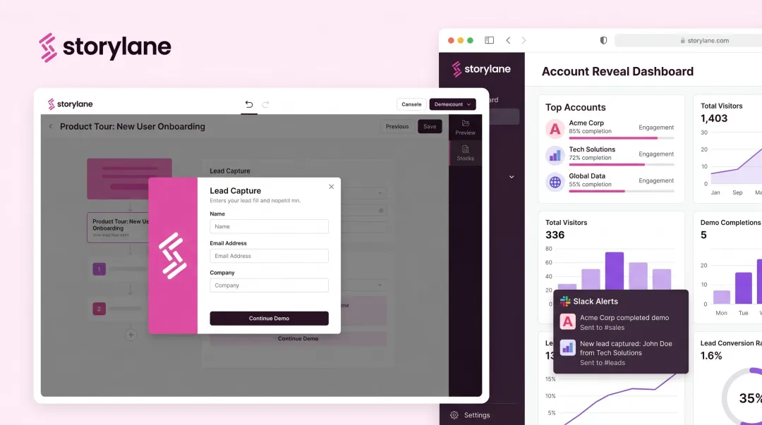 Storylane interactive demo interface showing embedded lead capture form and account reveal dashboard