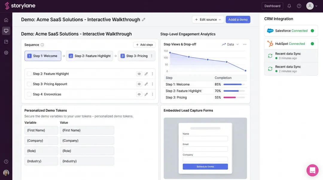 Storylane interactive product demo interface showing personalization and engagement analytics