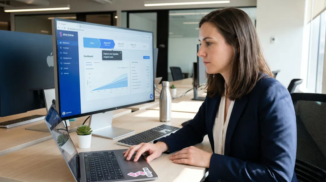 B2B SaaS product demo on screen with prospect engaging in self-serve interactive walkthrough