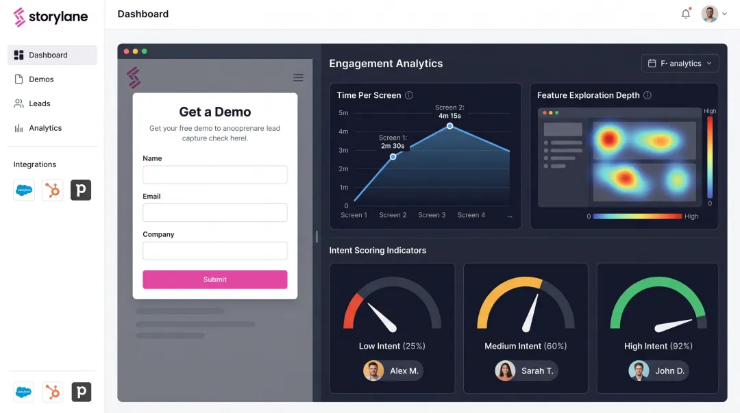 Storylane interactive demo platform showing engagement scoring and lead capture interface