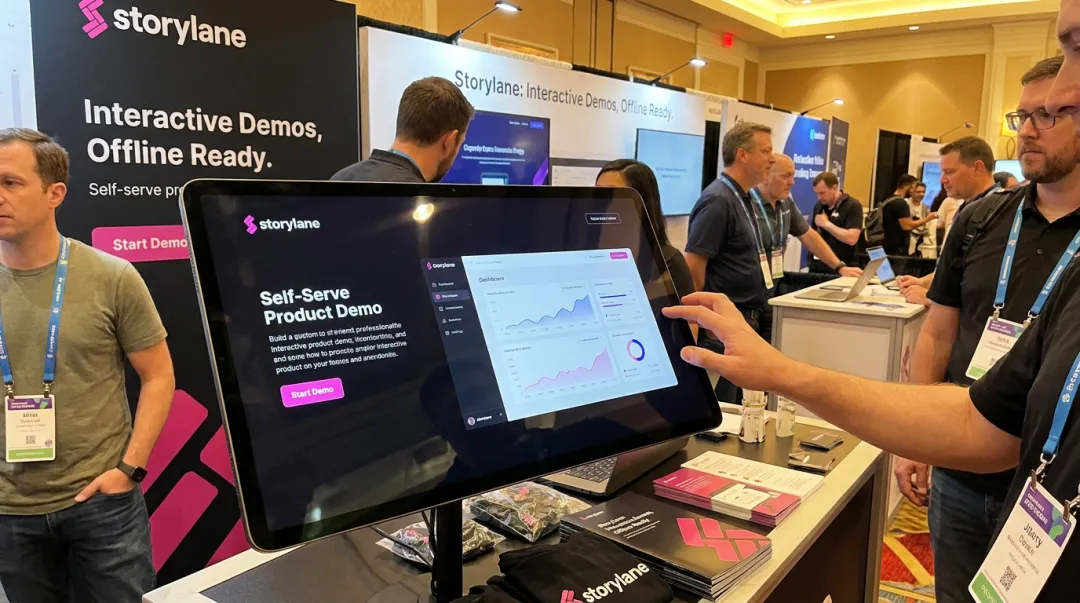Interactive demo hub displayed on tablet kiosk at trade show booth