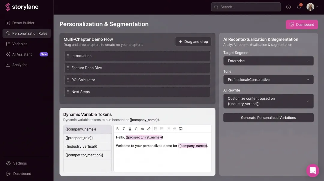 Storylane interactive demo builder showing personalization and multi-chapter demo features