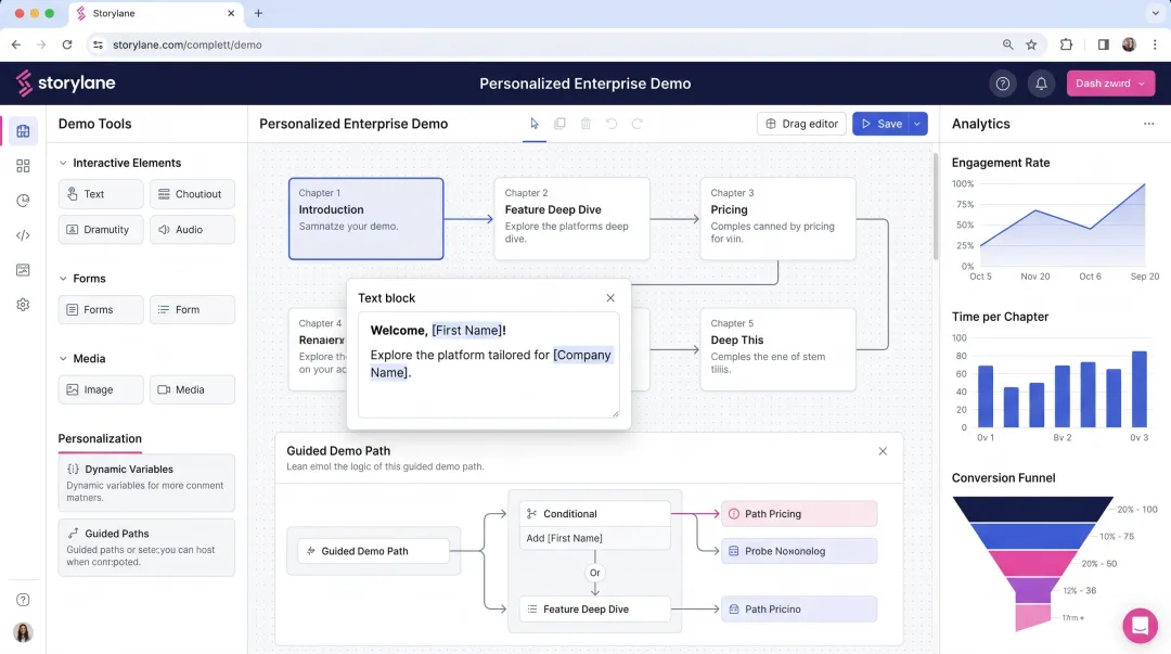 Storylane interactive demo platform showing dynamic variables and multi-chapter demo builder