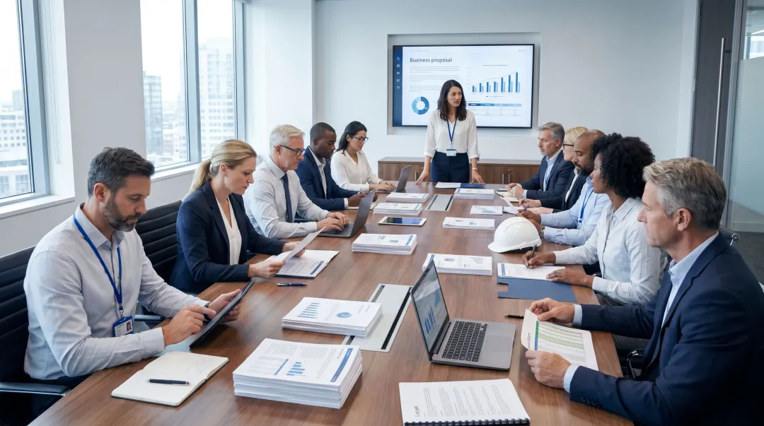 B2B buying committee with multiple stakeholders collaborating on purchase decision