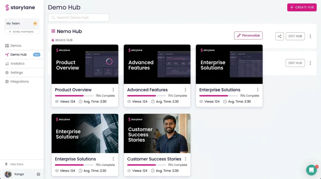 Storylane Demo Hub interface showing branded interactive demos organized by use case