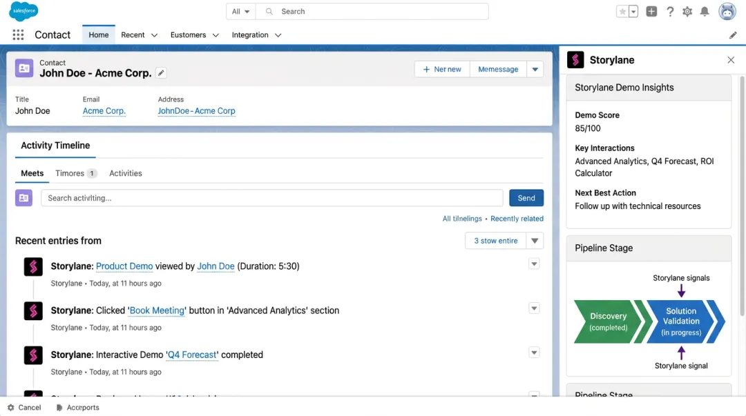 Storylane demo engagement data synced into CRM pipeline record dashboard view
