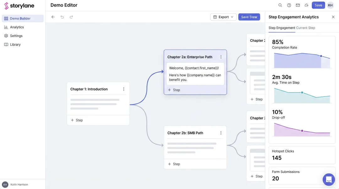 Storylane interactive demo platform showing personalization tokens and engagement analytics dashboard