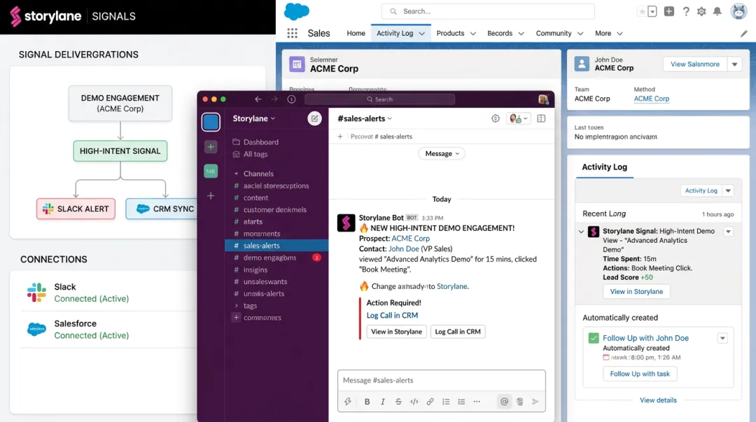 Storylane demo engagement Slack alert and CRM sync workflow integrations dashboard