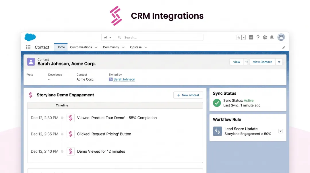 Storylane interactive demo platform native CRM integration with Salesforce and HubSpot