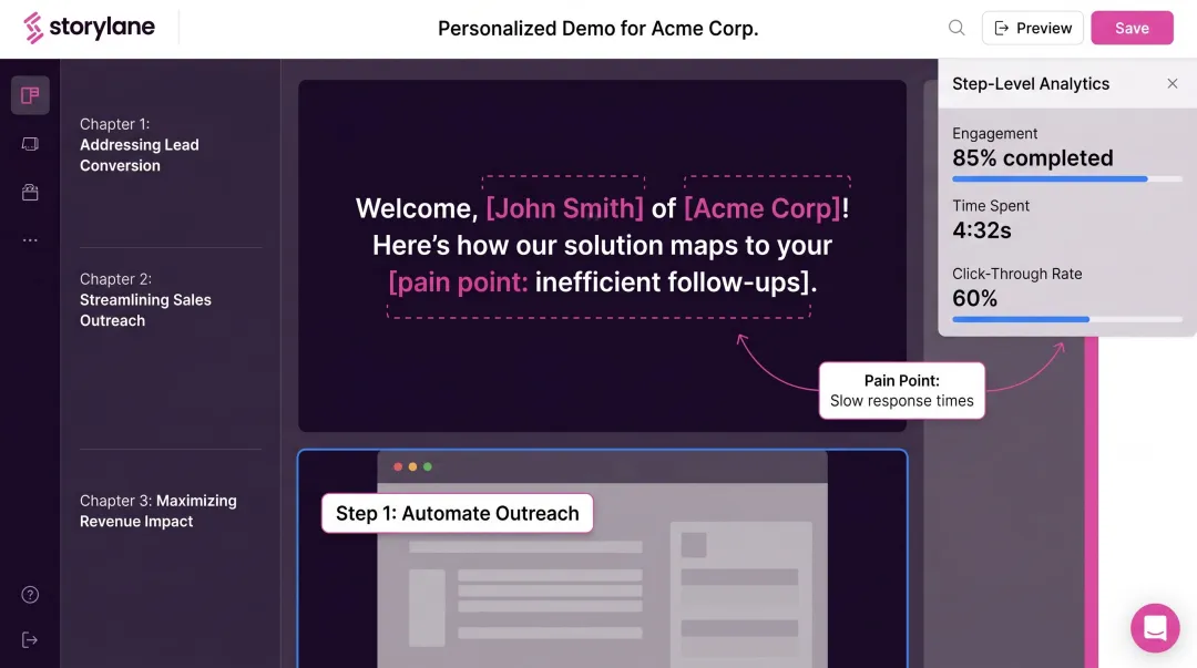 Storylane personalized demo experience interface showing prospect-specific product walkthrough