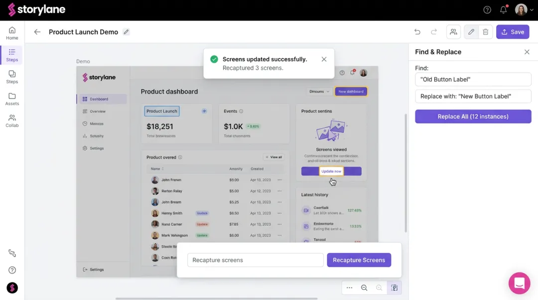 Storylane sandbox demo editor showing search and replace content update interface
