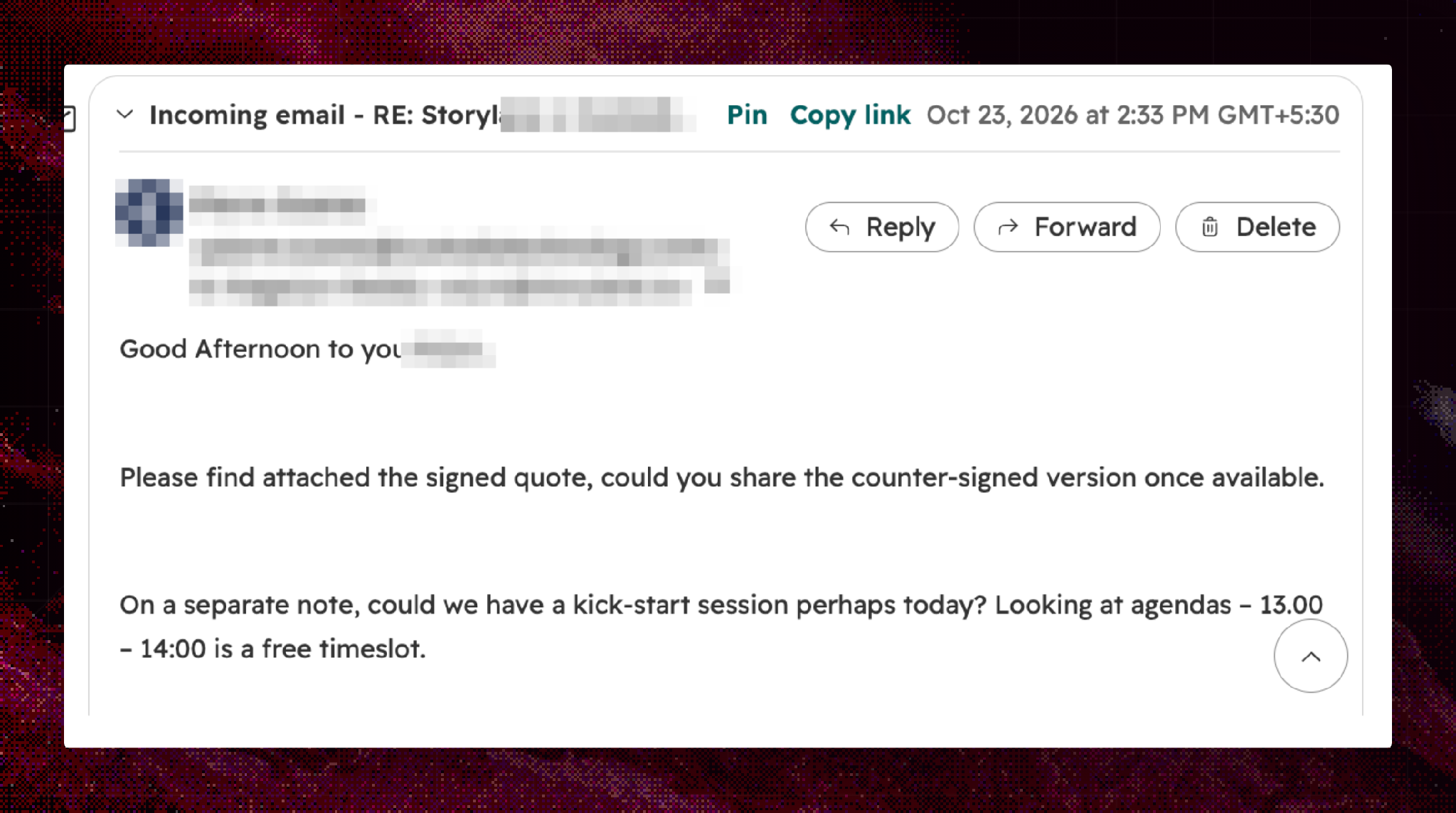 Email thread near signature, names redacted