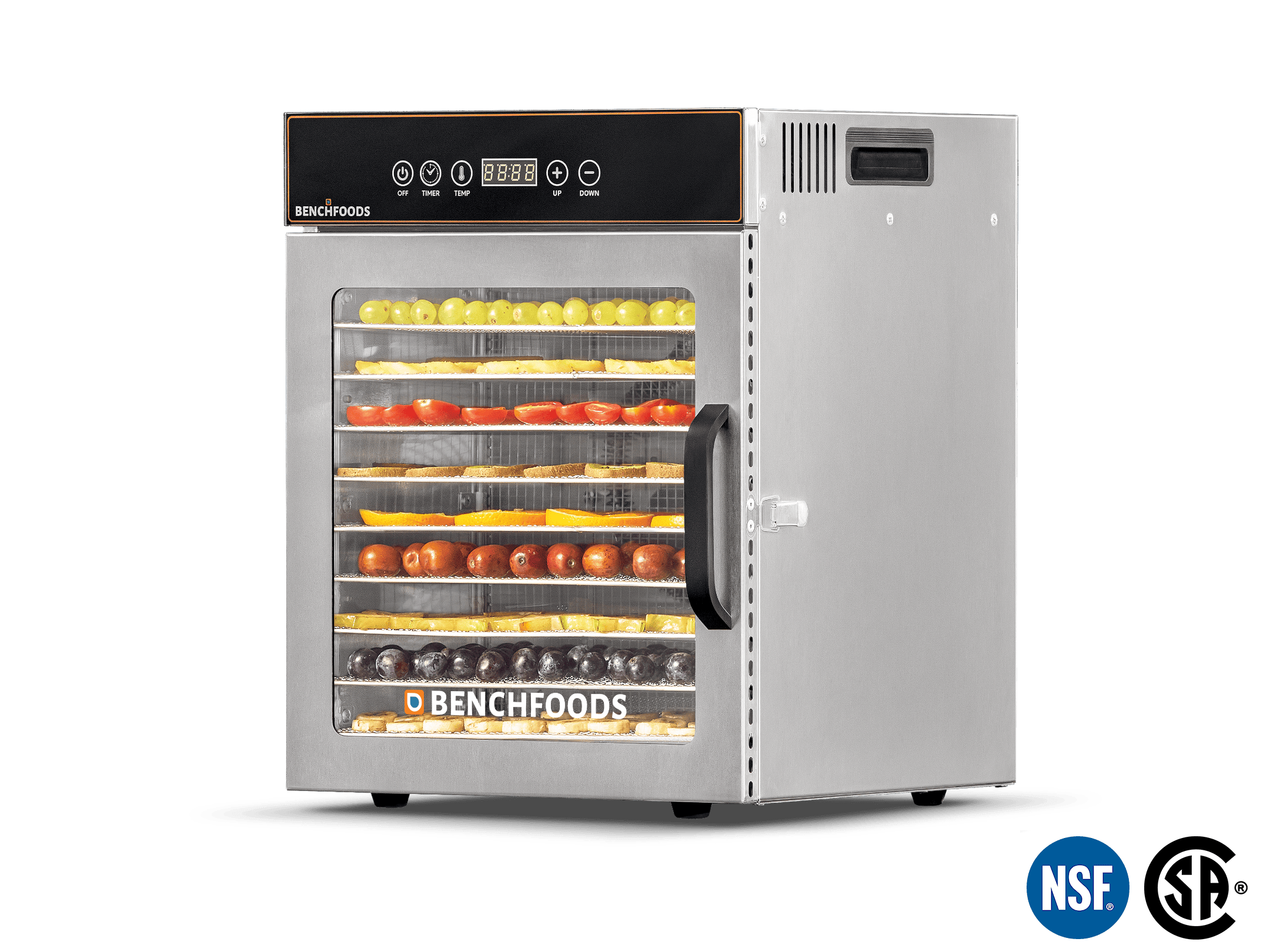 BenchFoods stainless steel 10-tray dehydrator with digital controls, mesh trays, and assorted fruits drying inside; NSF and CSA badges