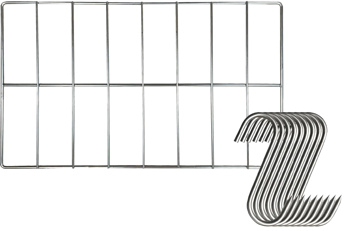 Stainless steel biltong drying rack with grid bars and a stack of curved butcher hooks
