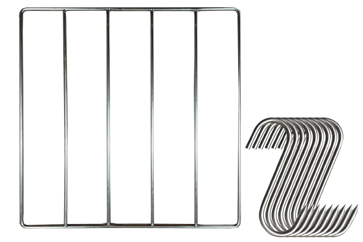 40 x 40 cm stainless steel biltong rack with four bars and a stack of curved butcher hooks