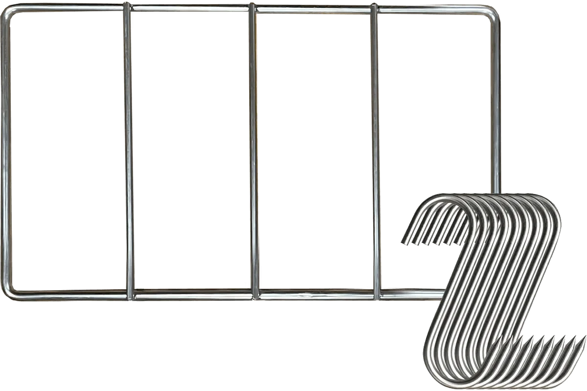 20 x 30 cm stainless steel biltong rack with three bars and a stack of curved butcher hooks
