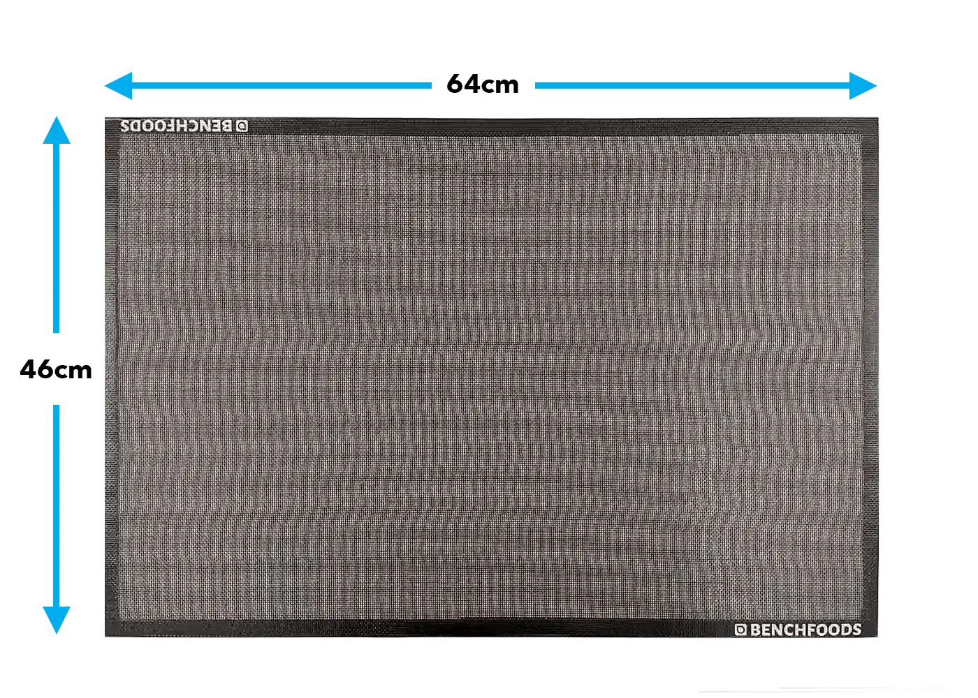 46 x 64 cm black mesh silicone non-stick industrial dehydrator mat with black border, BenchFoods logo and dimension arrows
