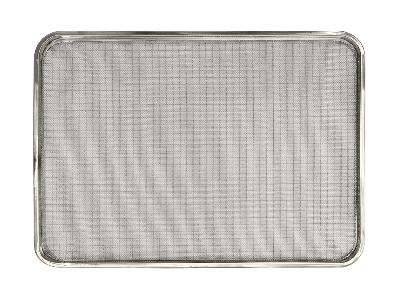 46 x 64 cm stainless steel industrial fine mesh dehydrator tray with rounded corners and raised rim