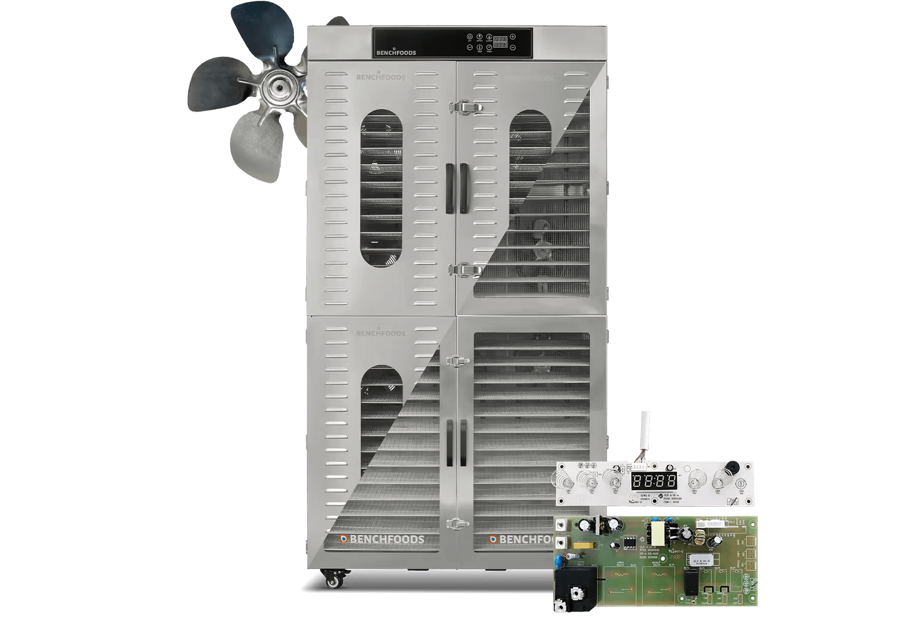 BenchFoods 28CUD replacement parts: stainless steel 28-tray dehydrator with fan blade and digital control board set