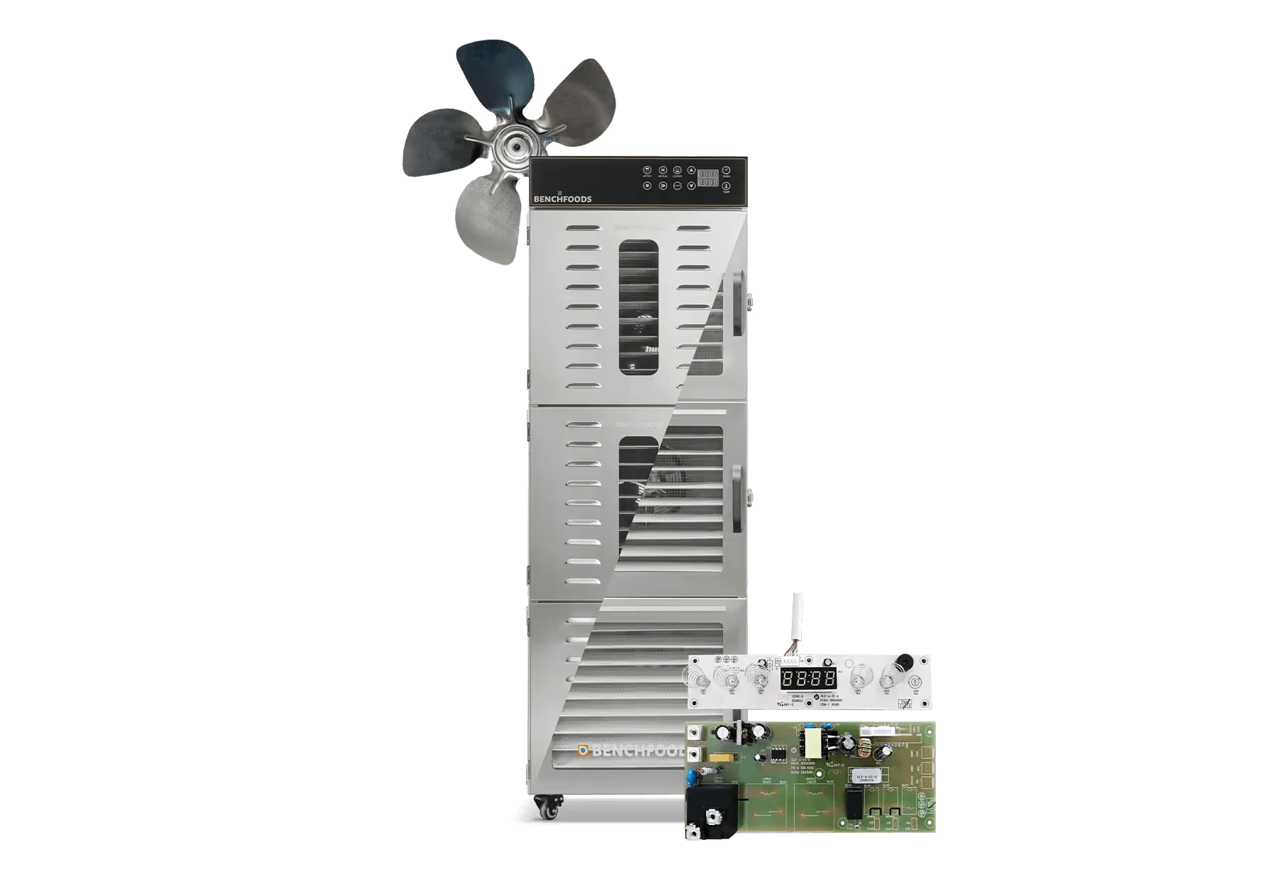 Spare parts for 30CUD 3-zone 30-tray dehydrator: cabinet, fan & control boards; for older and newer glass-door models