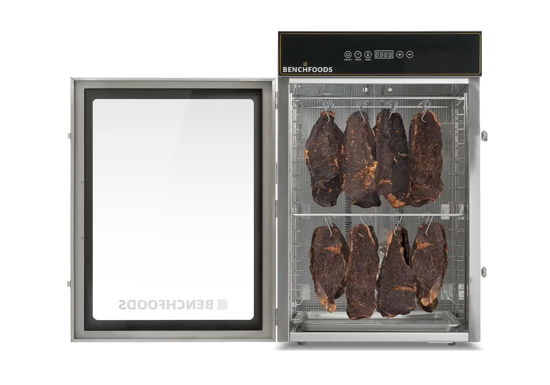 BenchFoods 1-zone 16-tray stainless steel dehydrator with open tempered glass door and biltong hanging on hooks