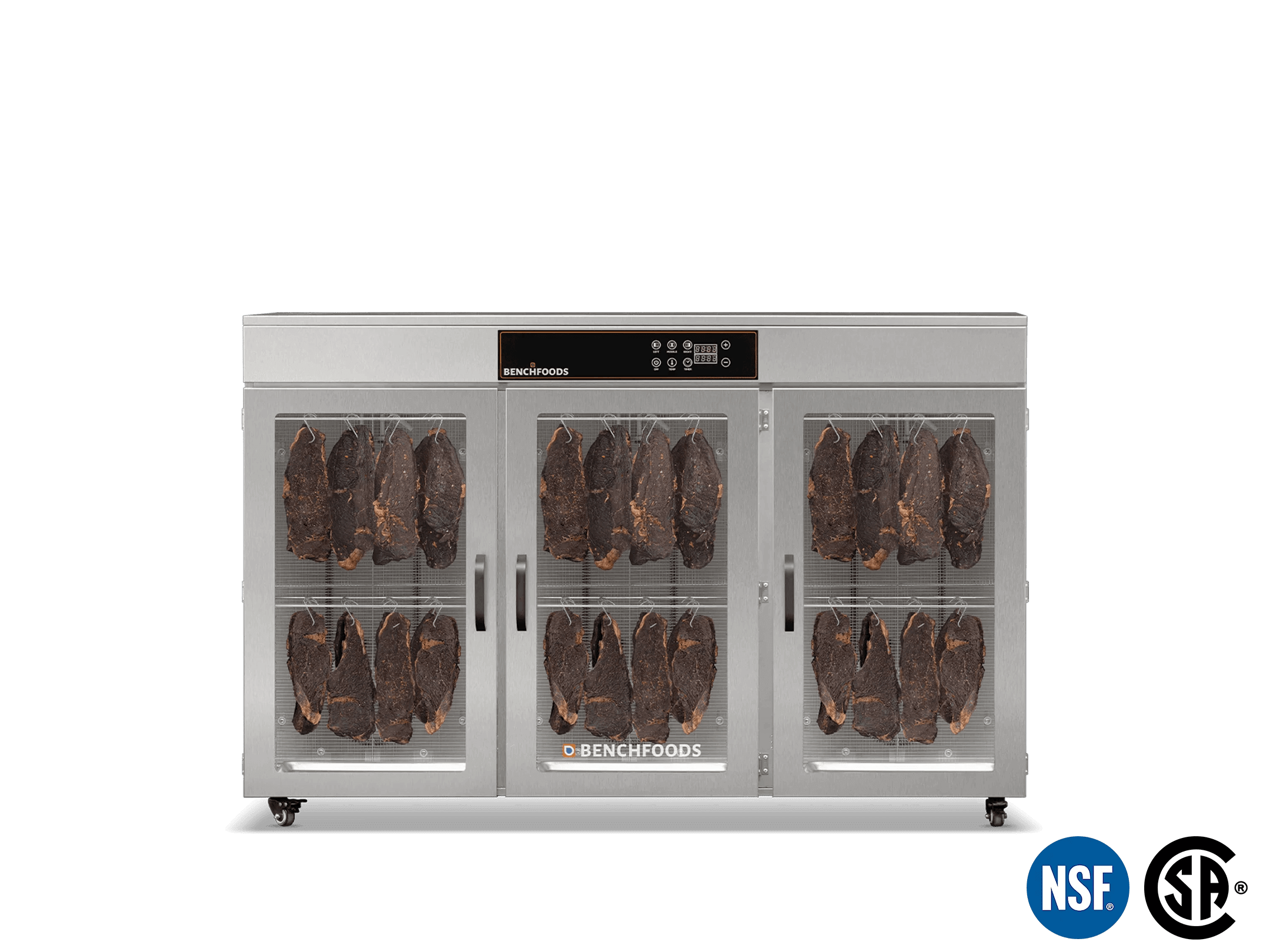 UL and NSF certified 3 zone 60 tray stainless steel biltong dehydrator with 6 racks and 180 butcher hooks behind tempered glass doors