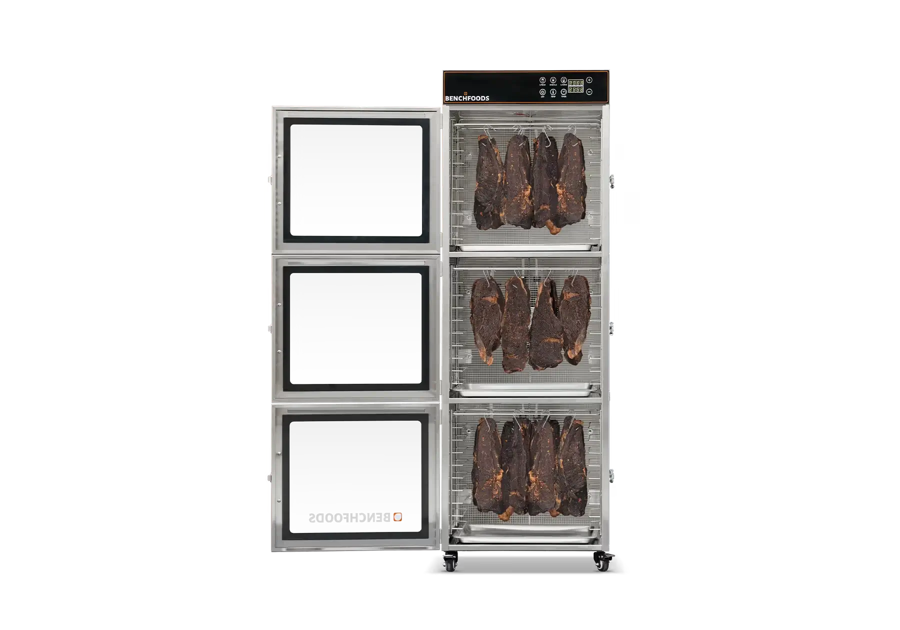 30CUDG biltong full open view of 3 zone 30 tray stainless steel dehydrator with tempered glass doors and hanging biltong