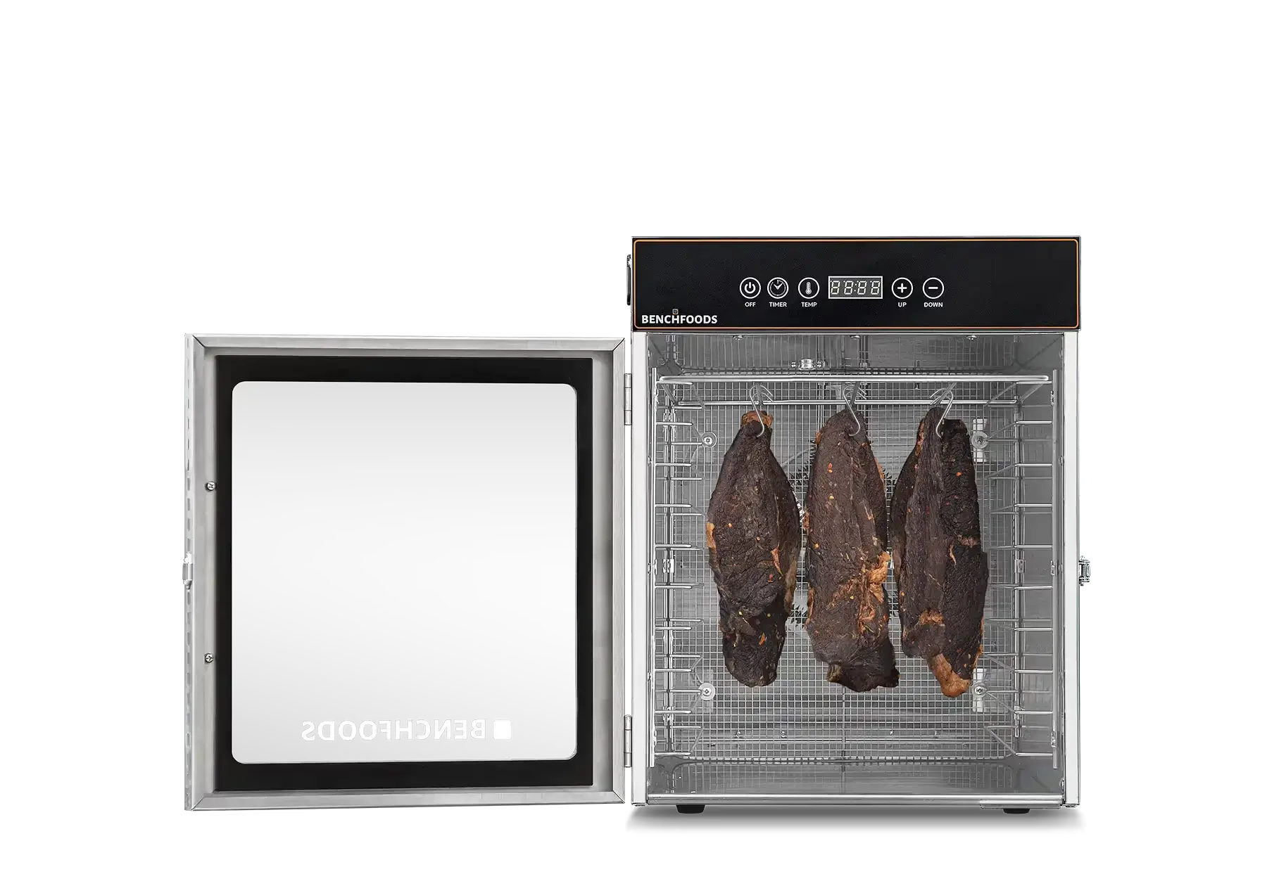 BenchFoods 10CUDG domestic 1 zone 10 tray dehydrator with open tempered glass door, biltong hanging from hooks, 0.6 m² tray area