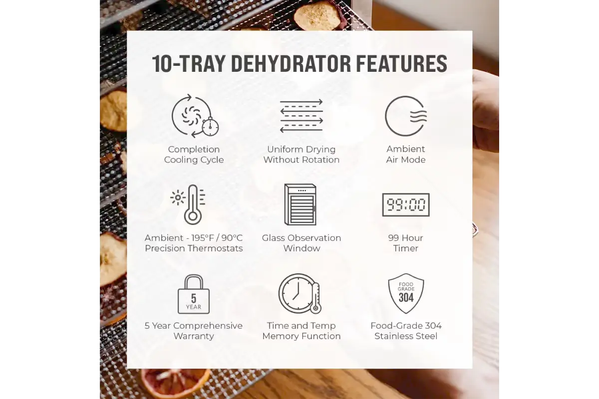 BenchFoods 10CUDG domestic dehydrator features: cooling cycle, uniform drying, ambient mode, thermostat, glass window, 99h timer, warranty, memory, 304 stainless steel