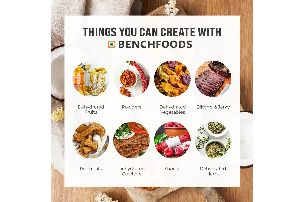 BenchFoods 10CUDG dehydrator things you can make: fruits, powders, vegetables, jerky, pet treats, crackers, snacks, herbs