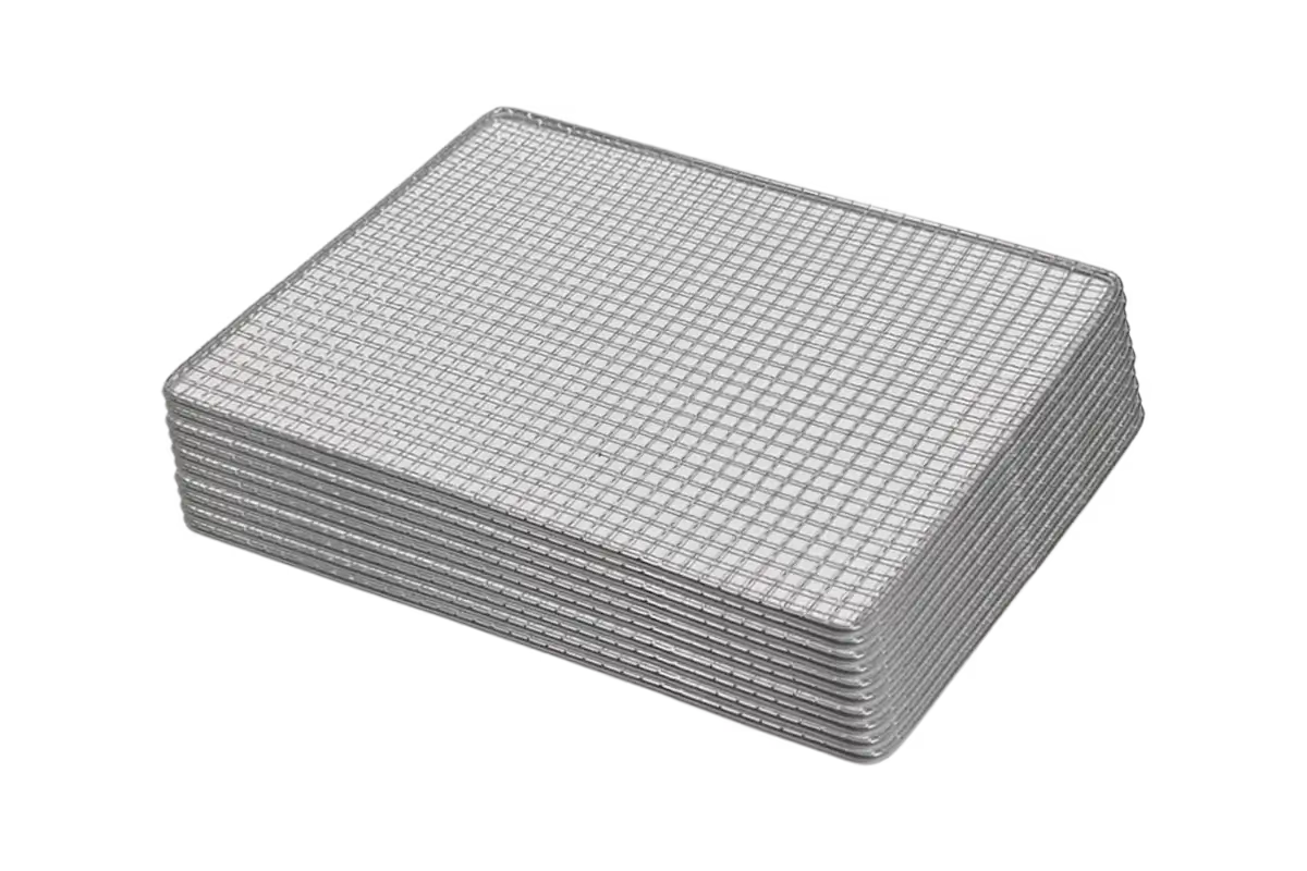 Stack of 10 stainless steel 20 x 30 cm mesh trays for dehydrating jerky, fruits, vegetables and pet treats