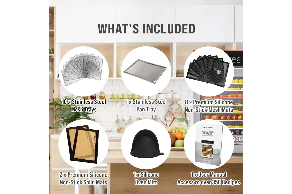 BenchFoods 10CUDG domestic dehydrator accessories: 10 stainless steel mesh trays, drip pan, 8 mesh mats, 2 solid mats, oven mitt, user manual