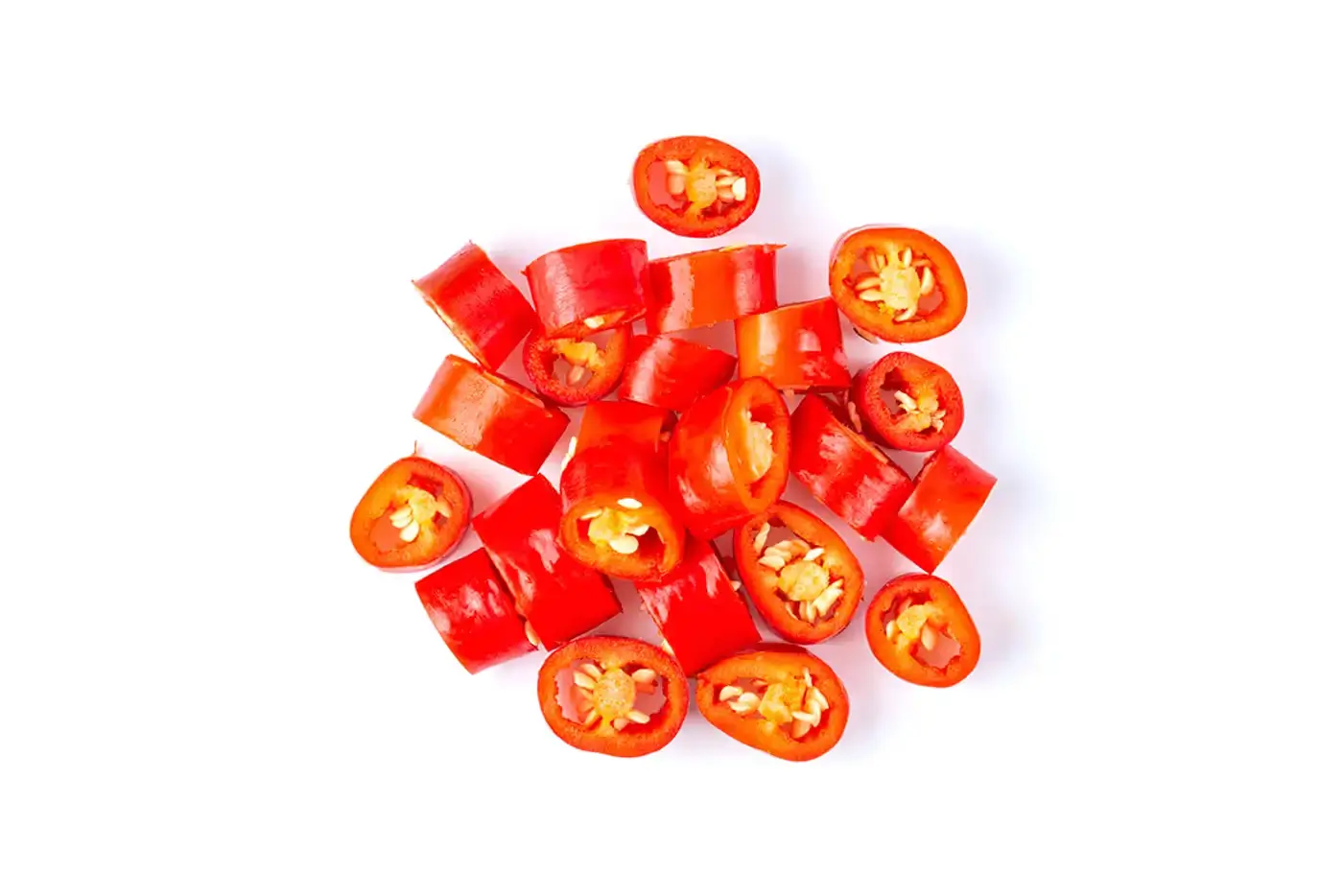 Uniformly sliced red chilli pieces cut with the precision cutting tool set for accurate and consistent food preparation