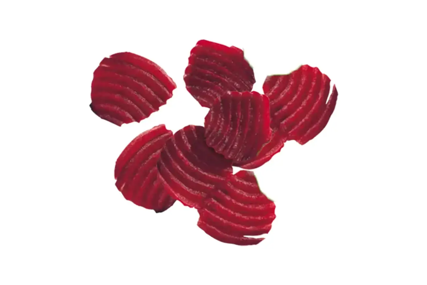 Beetroot slices cut with BenchFoods 3mm ripple slicer blade showing wavy textured surface