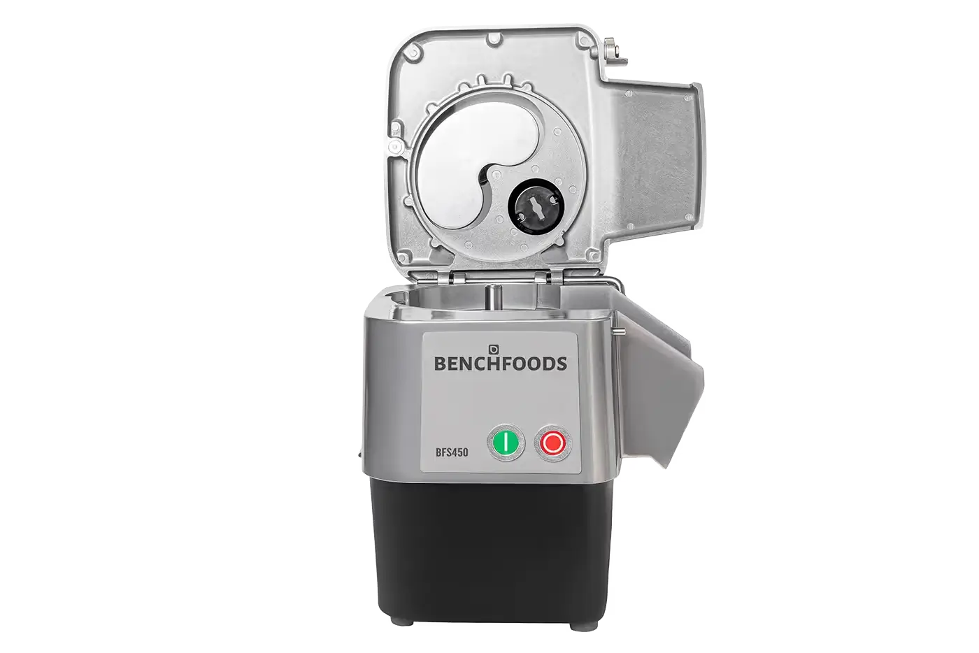 BenchFoods BFS450 commercial all-in-one food slicer shown open with internal blade compartment exposed