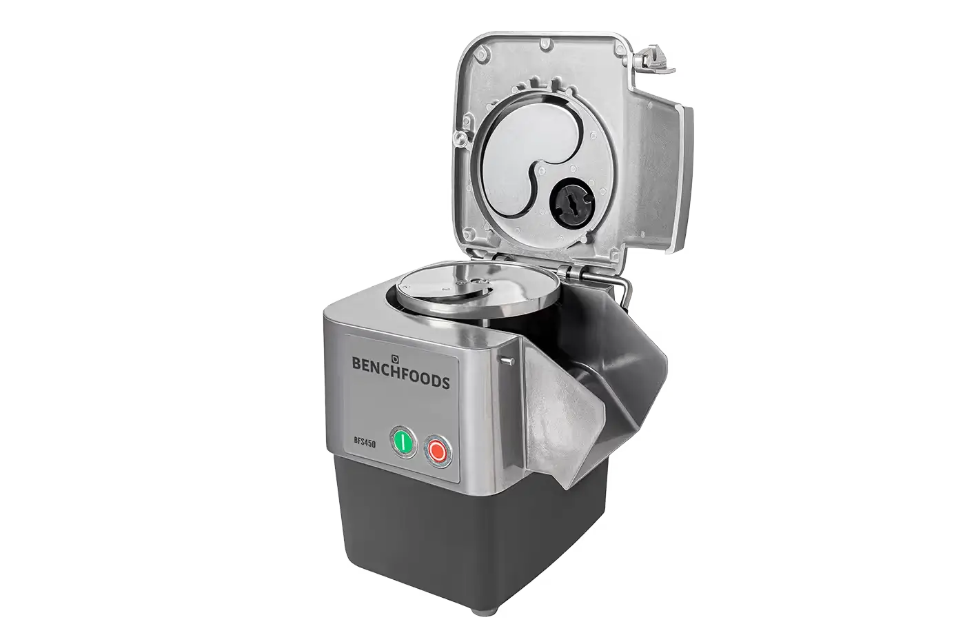 BenchFoods BFS450 commercial food slicer side view shown open with internal blade assembly visible
