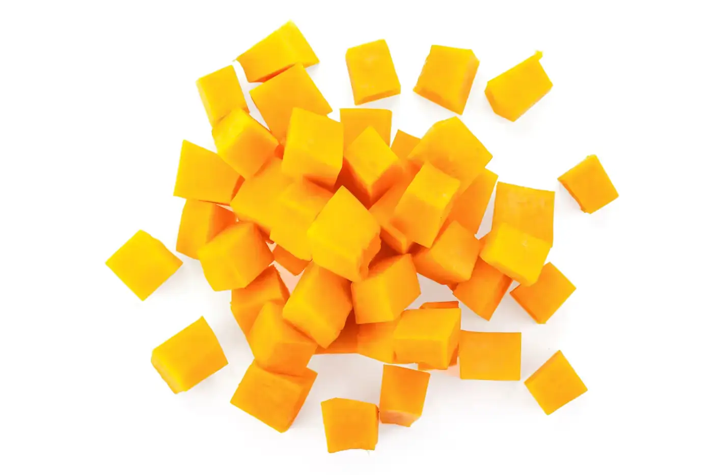 BenchFoods 10 x 10 mm (3/8 in) diced pumpkin cubes cut with stainless steel dicer grid blade set for commercial kitchens