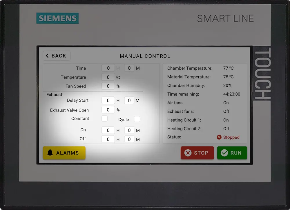 Industrial Food Dehydrator PLC (Programmable Logic Controller) Control Panel - Exhaust - Delay Start refers to the delay set on the exhaust fan before it starts running through its On/Off cycles.
