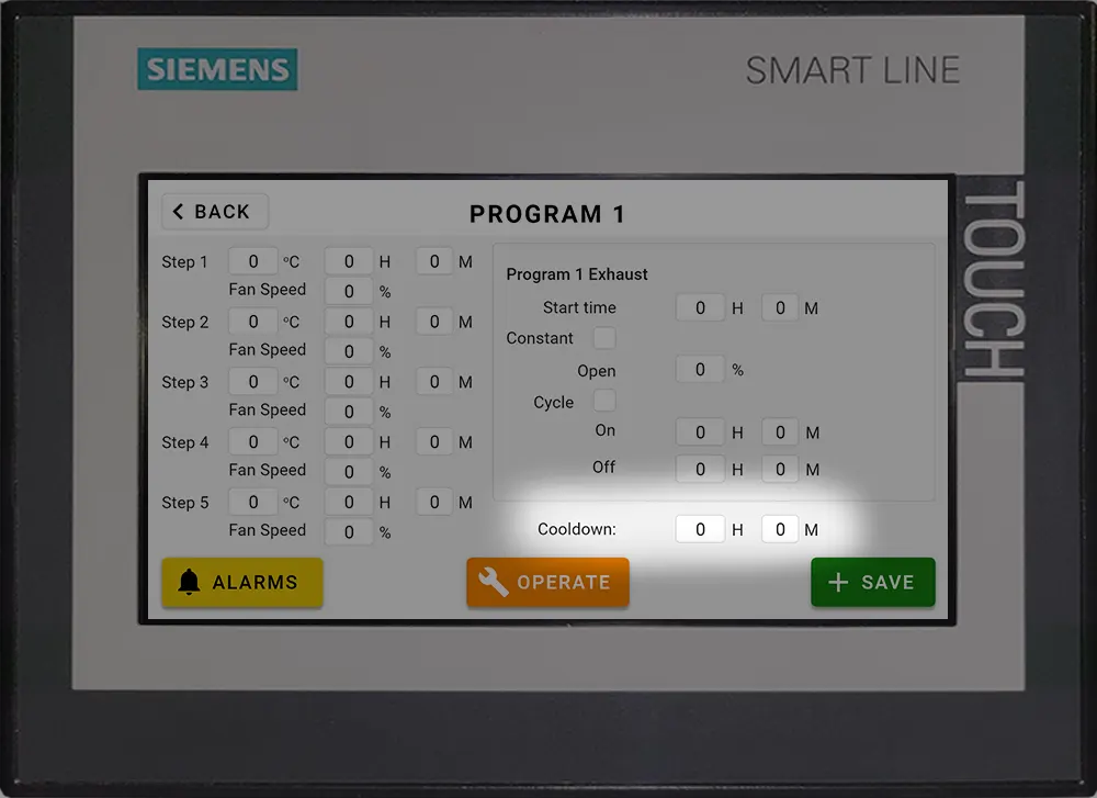 Industrial Food Dehydrator PLC (Programmable Logic Controller) Control Panel - Program Edit Screen - The cooldown cycle is the time the unit's air fans stay on after your total drying cycle has been completed.