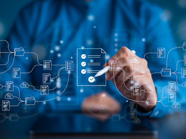 Person interacting with a digital checklist and file organization icons displayed on a transparent screen.