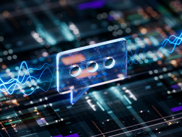 Transparent chat bubble with three dots floating over a digital circuit background with blue soundwave lines.