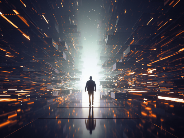 Silhouette of a person walking towards a bright light surrounded by floating glowing rectangular shapes in a dark futuristic space.