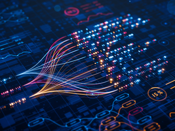 Colorful flowing data streams visualized as lines and nodes over a dark digital interface with charts and binary code.