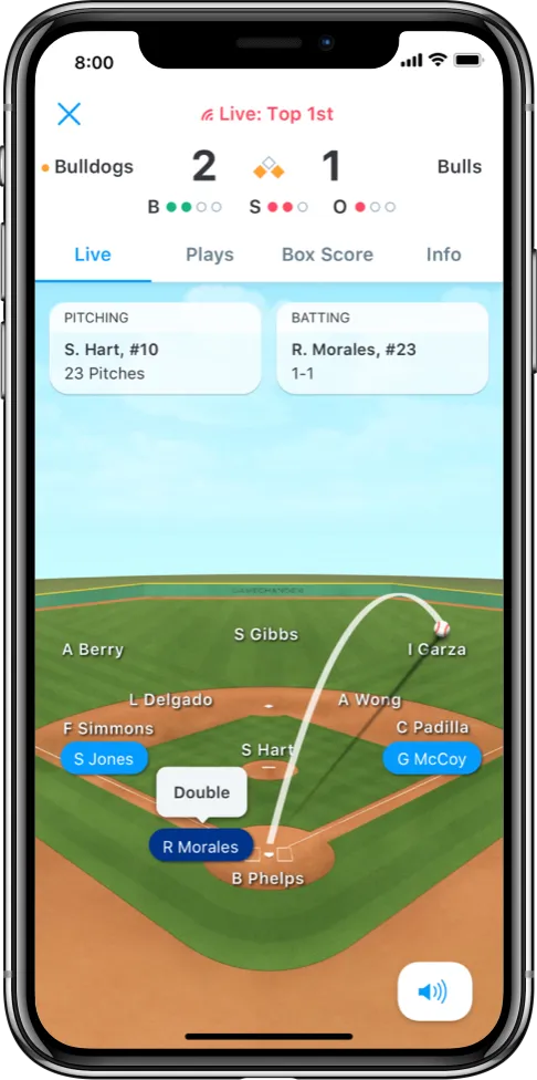 Baseball scoreboard on smartphone showing Bulldogs leading Bulls 2 to 1 in the top of the 1st inning with a graphical field view and a double hit by R. Morales.