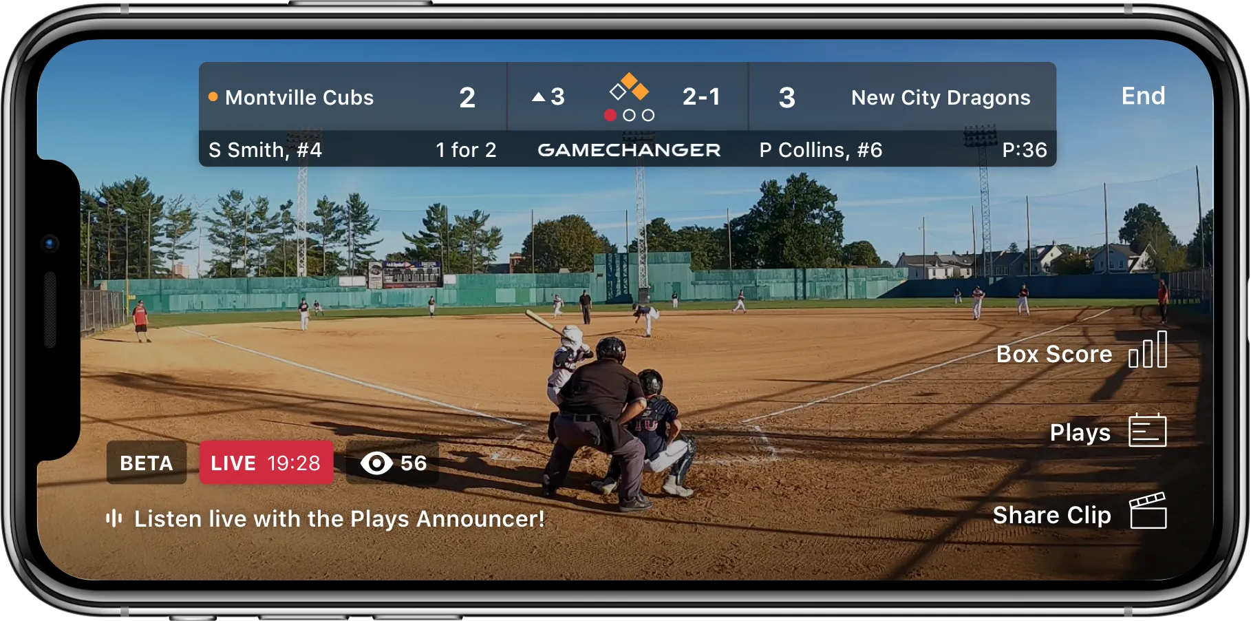 Live baseball game between Montville Cubs and New City Dragons shown on a smartphone with players ready at bat and catcher positions.